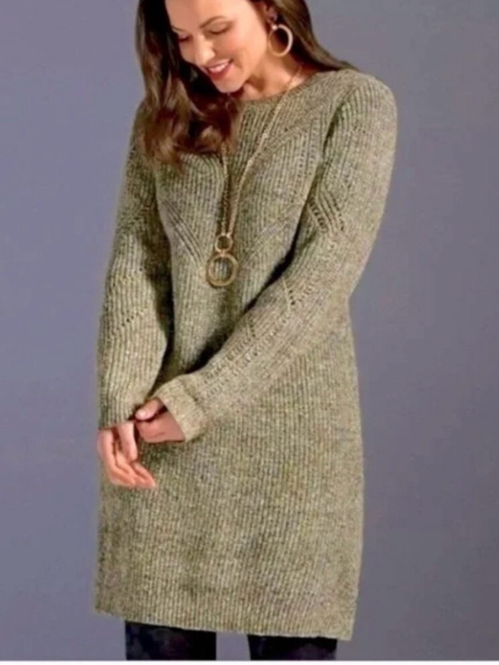 CAbi Heathered Olive Green Marled Scoop Neck Sweater Dress/Tunic #4278